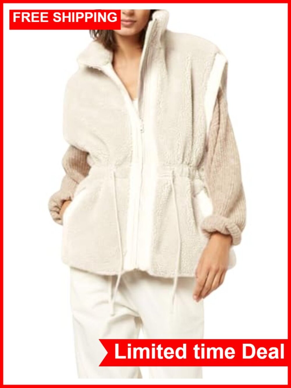 Fuzzy Fleece Zip Up Vest Sleeveless Sherpa Jacket Tie Waist